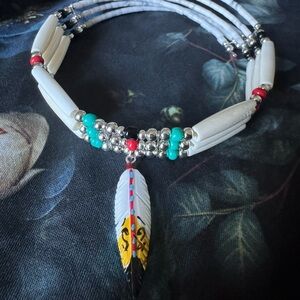 White and Turquoise Beaded choker with Feather Pendant genuine sterling silver